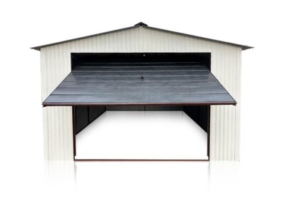 Garaj din tablă 4x5m, alb mat, poarta grafit - structură din lemn