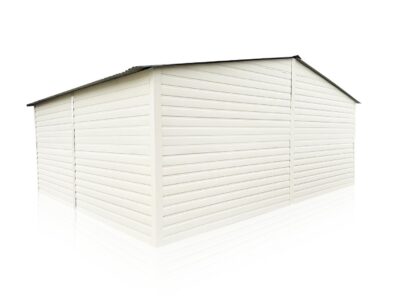 Garaj din tablă 6x5m, alb mat, poarta grafit - structură din lemn