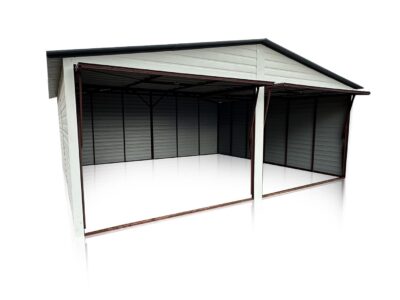 Garaj din tablă 6x5m, alb mat, poarta grafit - structură din lemn