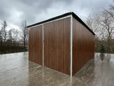 Blechgarage 3x5m | Pultdach nach hinten | Doppelflügeltor | Dunkelnuss Glanz - Eurotal