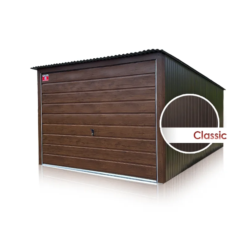 Blechgarage 3x5 m mit Schwingtor in Holzoptik Nussbaum Dunkel und Pultdach