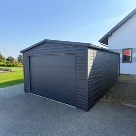 Premium Blechgarage 4x6 m in Graphit Matt RAL 7016 mit elektrischem Sektionaltor und Nebeneingangstür