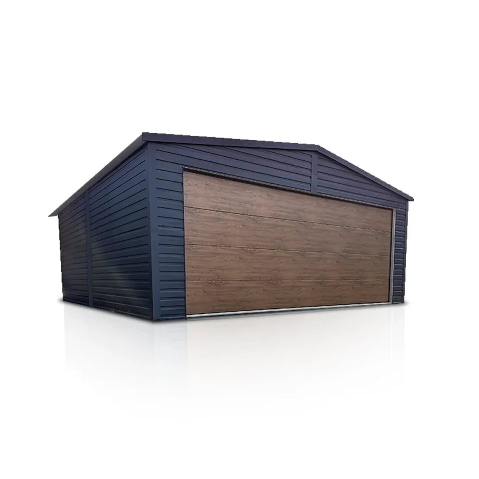 Moderne Blechgarage 6x6m mit Satteldach und Sektionaltor in Graphit Matt
