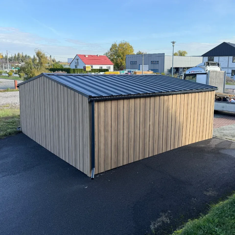 Doppelgarage Blechgarage 6x6 Satteldach Winchester Eiche RAL 7016