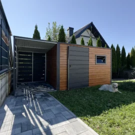 Gartenhaus 5x2 m in Goldeiche Matt mit Überdachung und PVC-Fenster Eurostal