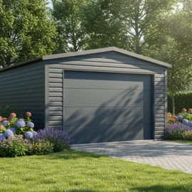 Freistehende Blechgarage 4x6 m in Graphit Matt RAL 7016 mit Sektionaltor und Satteldach