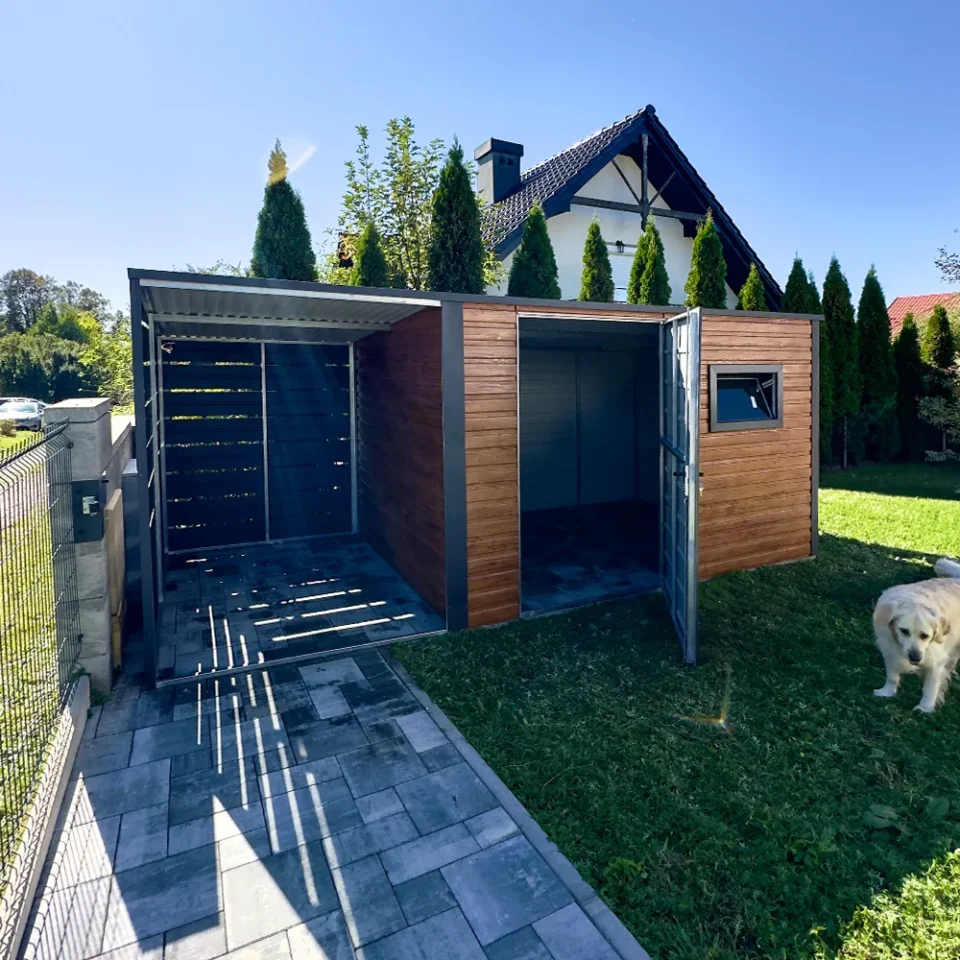 Gartenhaus 5x2 m in Goldeiche Matt mit Überdachung und PVC-Fenster Eurostal