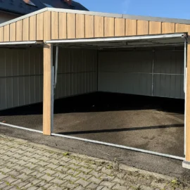 Doppelgarage Blechgarage 6x6 Satteldach Winchester Eiche RAL 7016