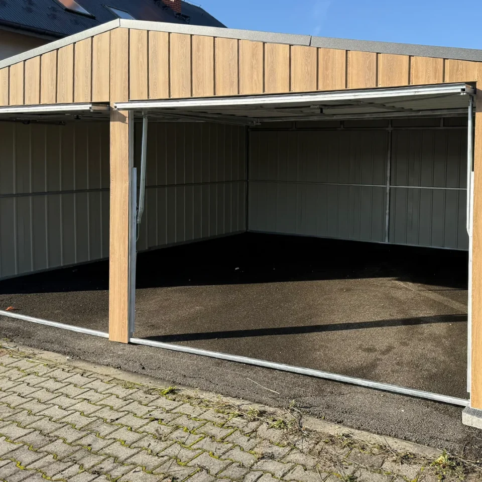 Doppelgarage Blechgarage 6x6 Satteldach Winchester Eiche RAL 7016